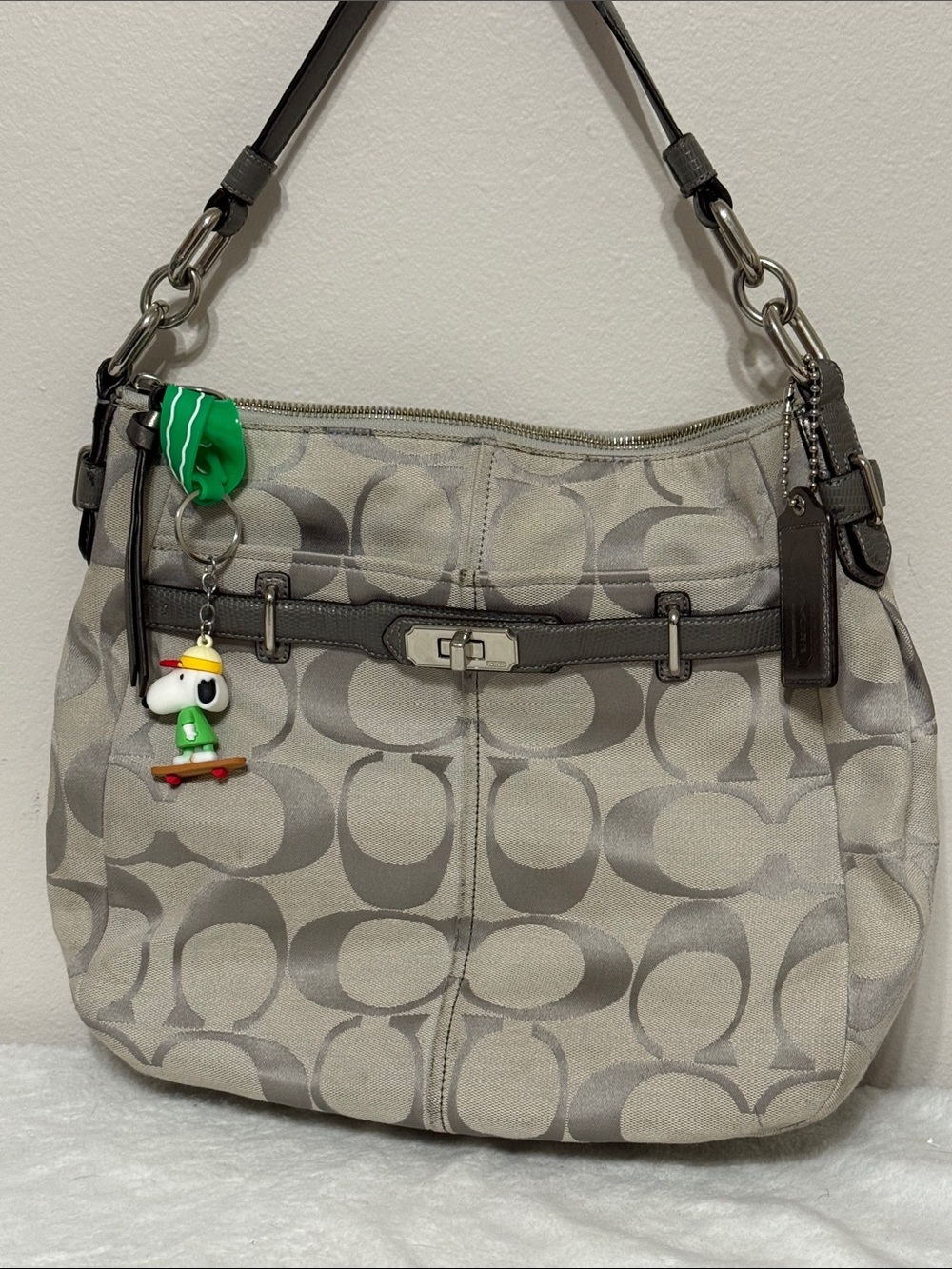 Coach Gray Signature Canvas Shoulder Bag with Dark Leather Trim